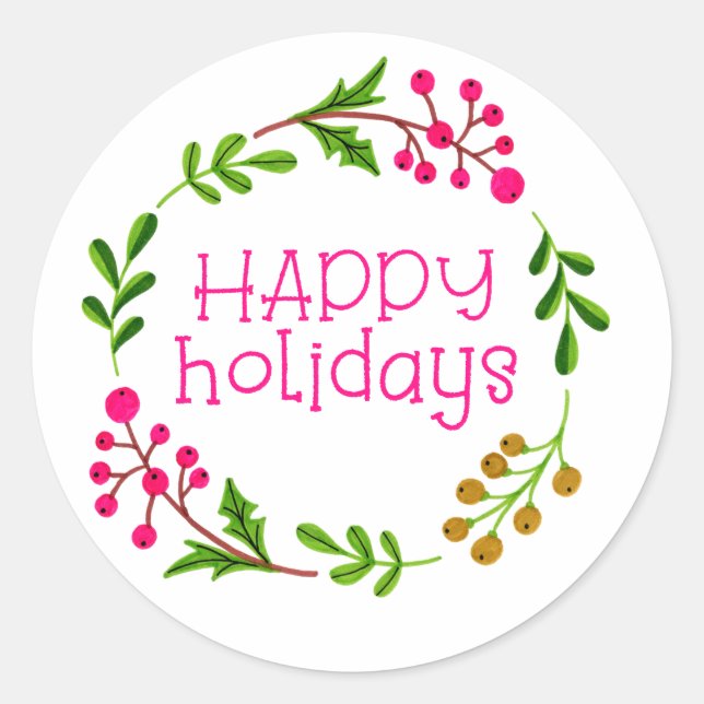 Pink and White Happy Holidays Wreath Classic Round Sticker (Front)