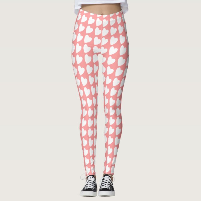 Pink and White Heart Pattern Girly Leggings (Front)