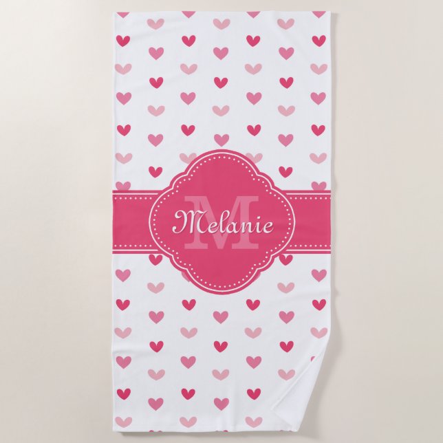 Pink and White Heart Pattern with Monogram Beach Towel (Front)