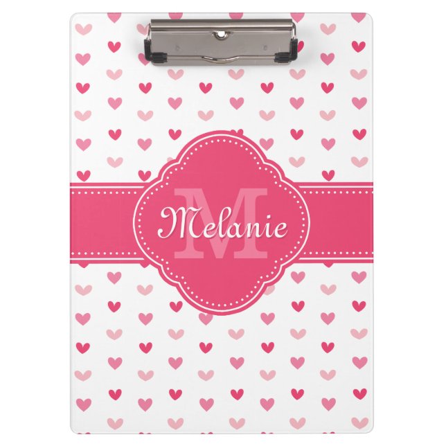 Pink and White Heart Pattern with Monogram Clipboard (Front)