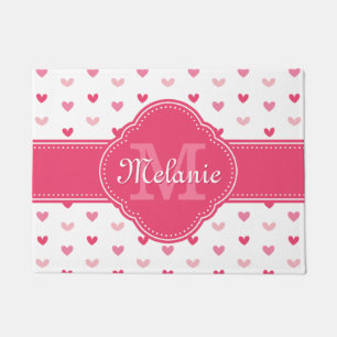 Pink and White Heart Pattern with Monogram Doormat