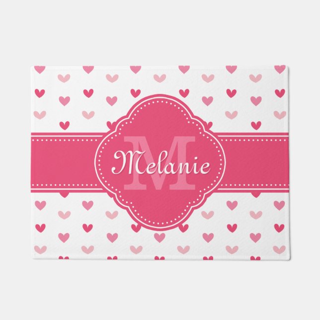 Pink and White Heart Pattern with Monogram Doormat (Front)