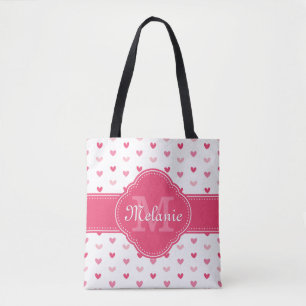 Pink and White Heart Pattern with Monogram Tote Bag
