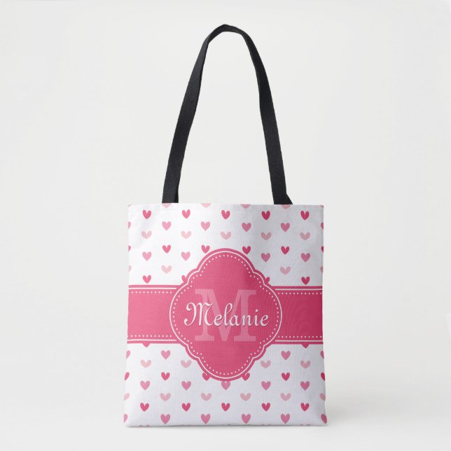 Pink and White Heart Pattern with Monogram Tote Bag (Front)