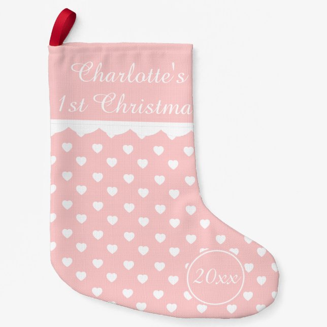 Pink and White Hearts 1st Christmas Personalised Small Christmas Stocking (Front)