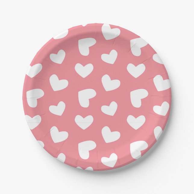 Pink and White Hearts Paper Plate (Front)