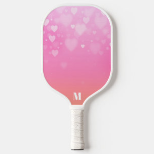 Pink and White Hearts Pattern Modern Monogram Pickleball Paddle