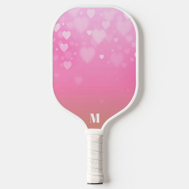 Pink and White Hearts Pattern Modern Monogram Pickleball Paddle (Front)