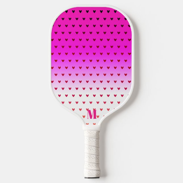 Pink and White Hearts Pattern Modern Monogram Pickleball Paddle (Front)