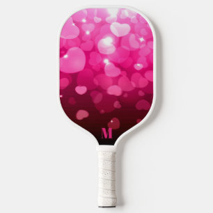 Pink and White Hearts Pattern Modern Monogram Pickleball Paddle