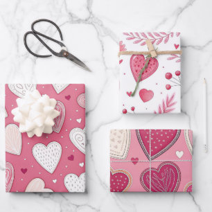 Pink and White Hearts Valentine's Patterns Wrapping Paper Sheet