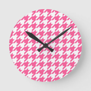Pink and White Houndstooth Check Round Clock