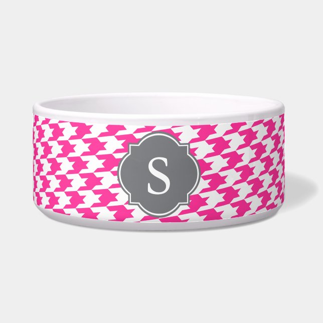 Pink and White Houndstooth Monogram Large Dog Bowl (Front)