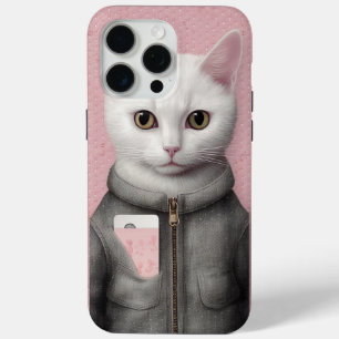 Pink and White Kitty Cat with Phone iPhone 15 Pro Max Case