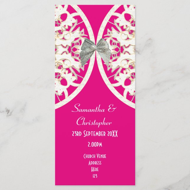 Pink and white lace damask church wedding program (Front)