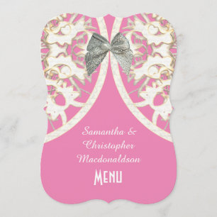 Pink and white lace filigree damask wedding menu