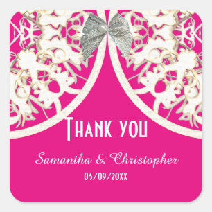 Pink and white lace filigree pattern thank you square sticker