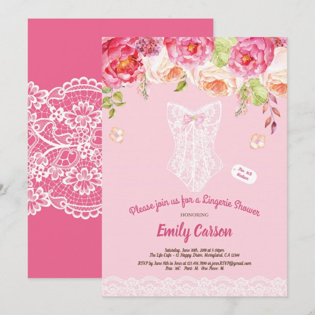 Pink and white lace lingerie shower bridal party invitation (Front/Back)