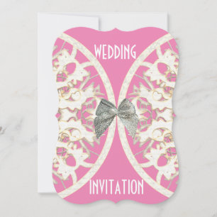 Pink and white lace paper cut damask wedding invitation