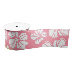 Pink and White Large Hawaiian Floral Ribbon Satin Ribbon