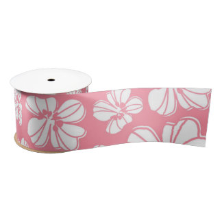 Pink and White Large Hawaiian Floral Ribbon Satin Ribbon