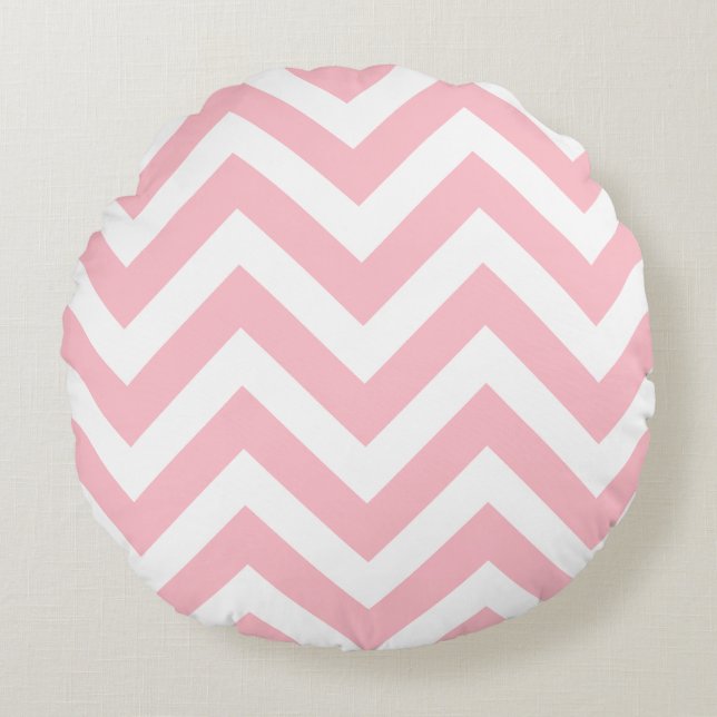 Pink and White Large Size Chevron Stripes Round Cushion (Front)