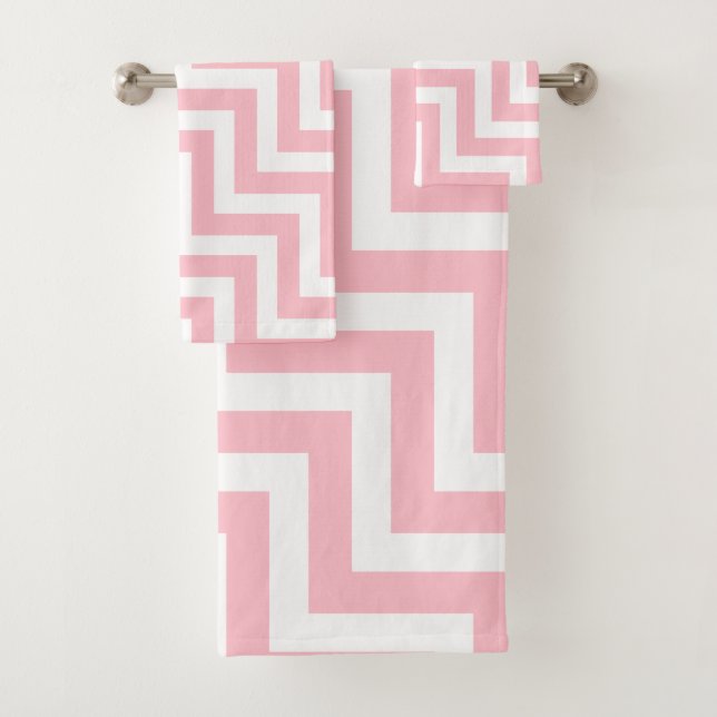 Pink and White Large Size Diagonal Chevron Bath Towel Set (Insitu)