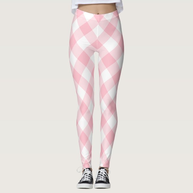 Pink and White Large Size Diagonal Gingham Checks Leggings (Front)