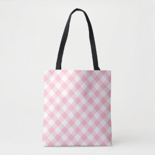 Pink and White Large Size Diagonal Gingham Checks Tote Bag