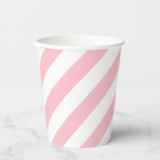 Pink and White Large Size Diagonal Stripes Paper Cups (Front)