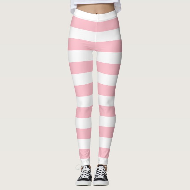Pink and White Large Size Horizontal Stripes Leggings (Front)