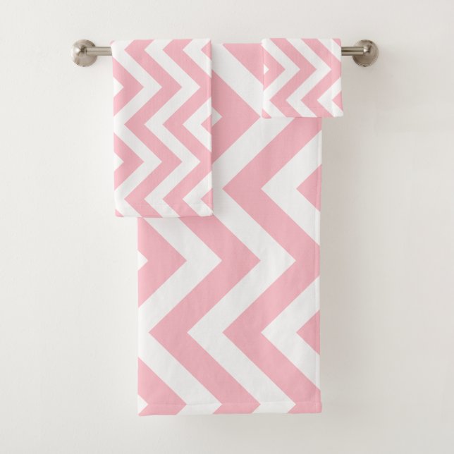 Pink and White Large Vertical Chevron Stripes Bath Towel Set (Insitu)