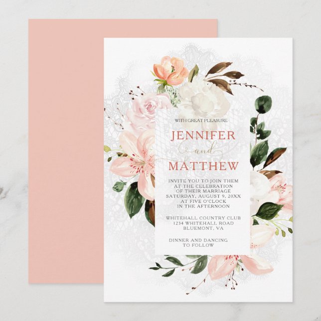 Pink and White Lilies, Roses, Peonies, Magnolias Invitation (Front/Back)
