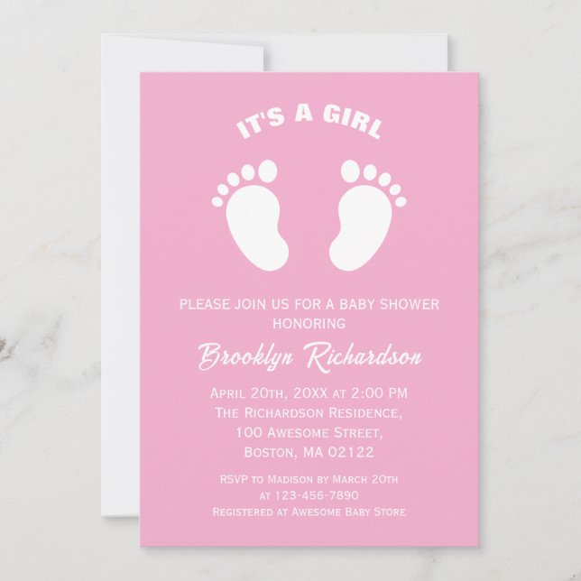 Pink And White Little Feet Its A Girl Baby Shower Invitation (Front)