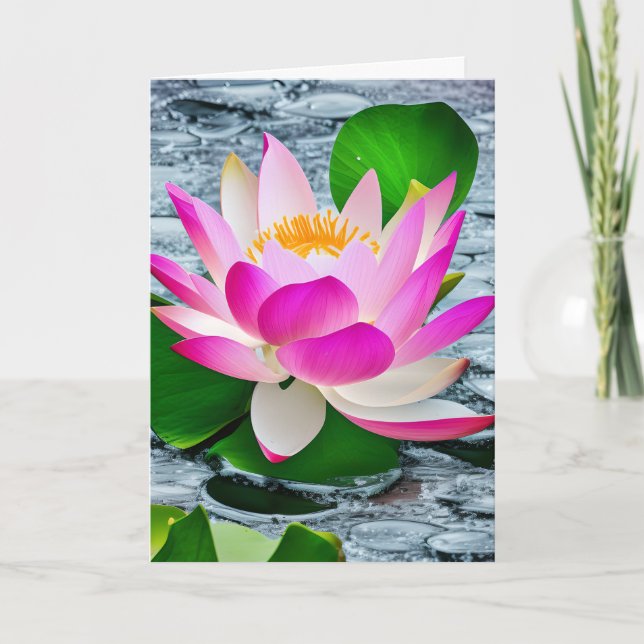Pink And White Lotus Flower On Sparkling Pond Card (Front)