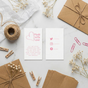 Pink and white made with love heart, social links enclosure card