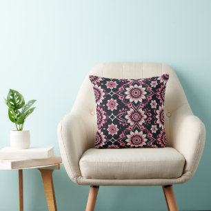 Pink and White Mandala on Black Background Cushion
