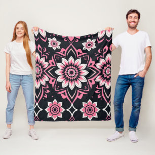 Pink and White Mandala on Black Background Fleece Blanket