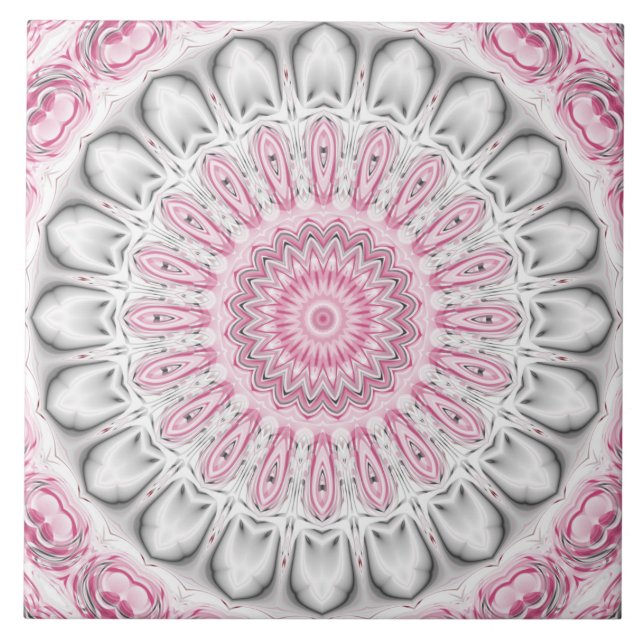 Pink and White Mandala Pattern Design Ceramic Tile (Front)