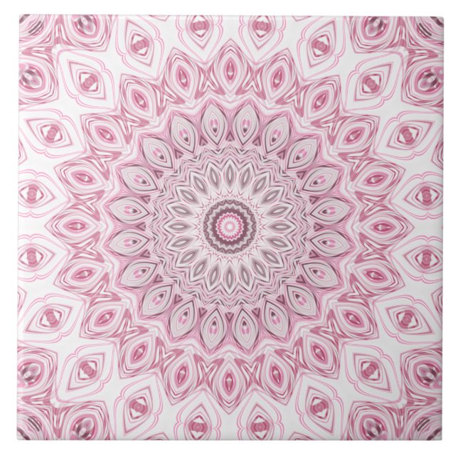 Pink and White Mandala Pattern Design Ceramic Tile (Front)