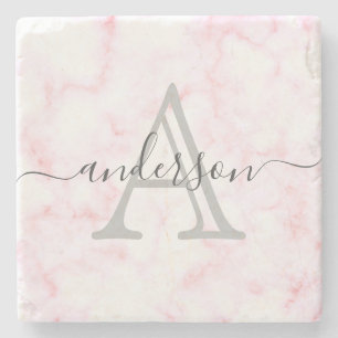 Pink and White Marble   Monogram Script Stone Coaster