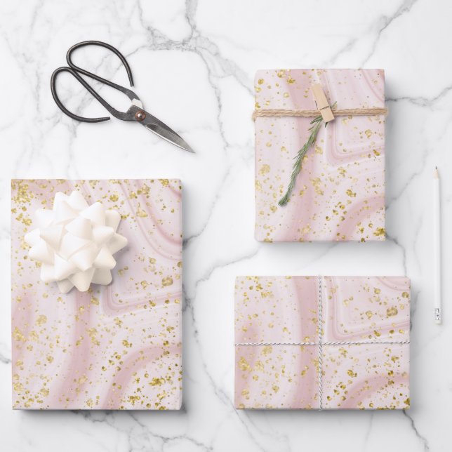 Pink and White Marble Swirl Gold Glitter  Wrapping Paper Sheet (Front)