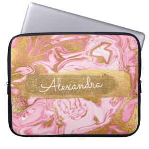 Pink and White Marble with Gold Foil and Glitter Laptop Sleeve
