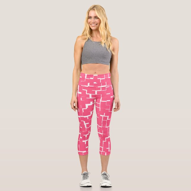 Pink and White Maze, Yoga, Fitness, Capri Leggings (Front)