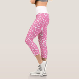 Pink and White Meander Pattern Modern Maze Capri Leggings
