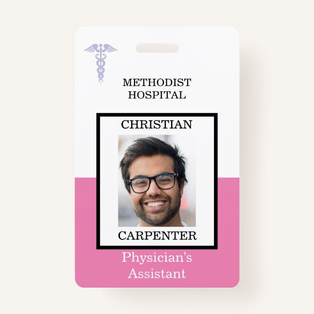 Pink and White Medical Facility Photo Name ID Badge (Front)