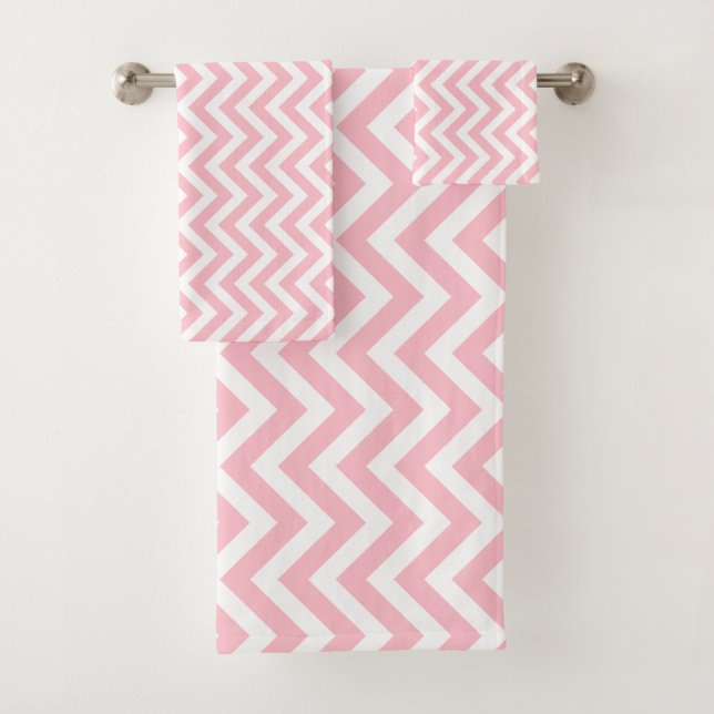 Pink and White Medium Vertical Chevron Stripes Bath Towel Set (Insitu)