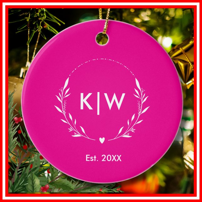 Pink and White | Modern Initials Monogram Ceramic Ornament (Pink and White | Modern Initials Monogram Ceramic Ornament)