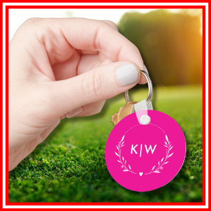 Pink and White   Modern Initials Monogram Key Ring