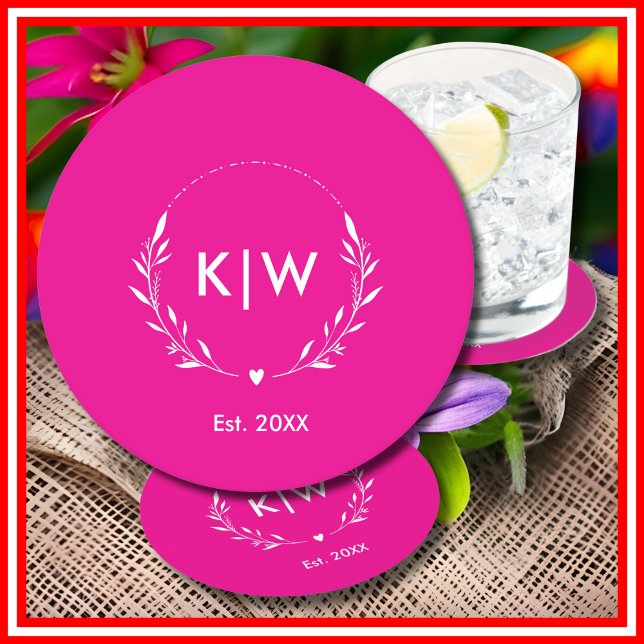 Pink and White | Modern Initials Monogram Round Paper Coaster (Pink and White | Modern Initials Monogram Round Paper Coaster)